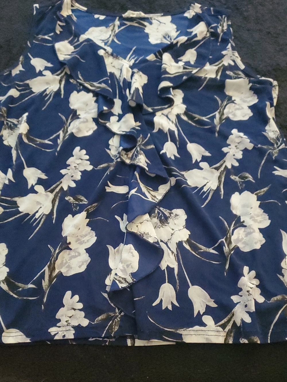 Navy Blue Floral Ruffle Front Sleeveless Top